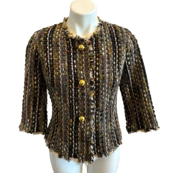 CABi 175 Paris Tweed Cropped Blazer Jacket Size Small Black Gold Button Fringe - Picture 1 of 12